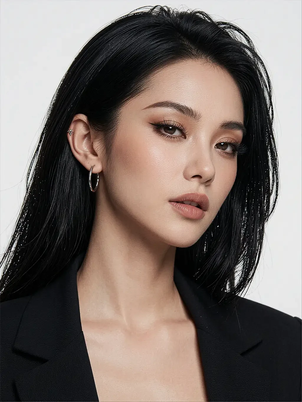 Maja, fictional AI match: black hair and a black blazer against a plain grey studio wall