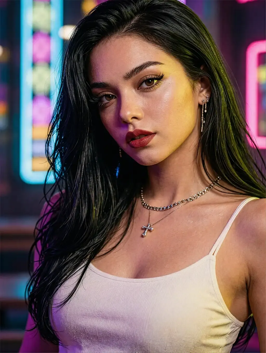 Dark-haired fictional AI match in a white cami under magenta and green neon, looking straight at the camera